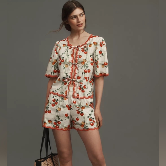 Anthropologie Tops - Anthropologie Maeve Veggie Blossom Short Sleeve Tie Front Blouse